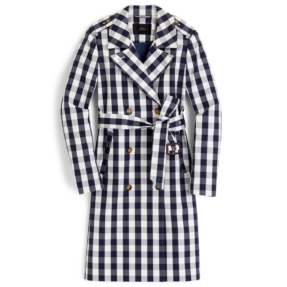 J. Crew Icon Trench Coat Jacket Gingham Check Blue & White Size 2 NWT